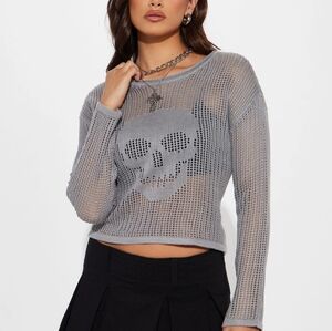 Pullover Mesh Crew Neck Ribbed Hem Skull Graphic Sweater